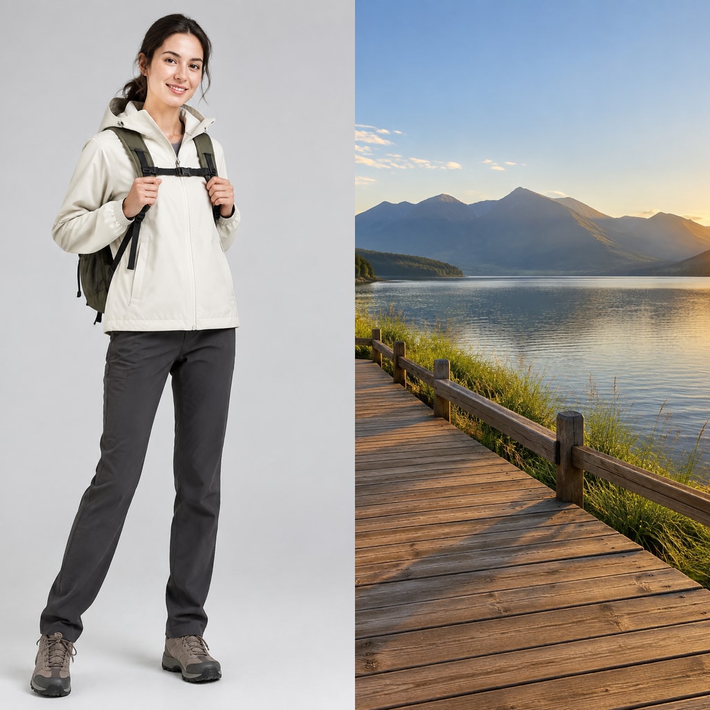 A traveler photo and a lakeside photo combined Before