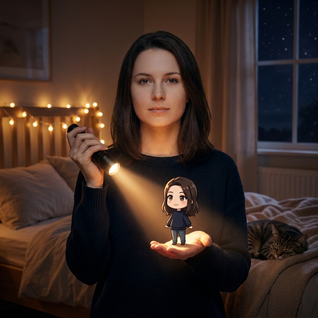 一张清晰的单人照,变成夜晚温馨房间里、手电筒照亮掌心迷你动漫版自己的画面 之后